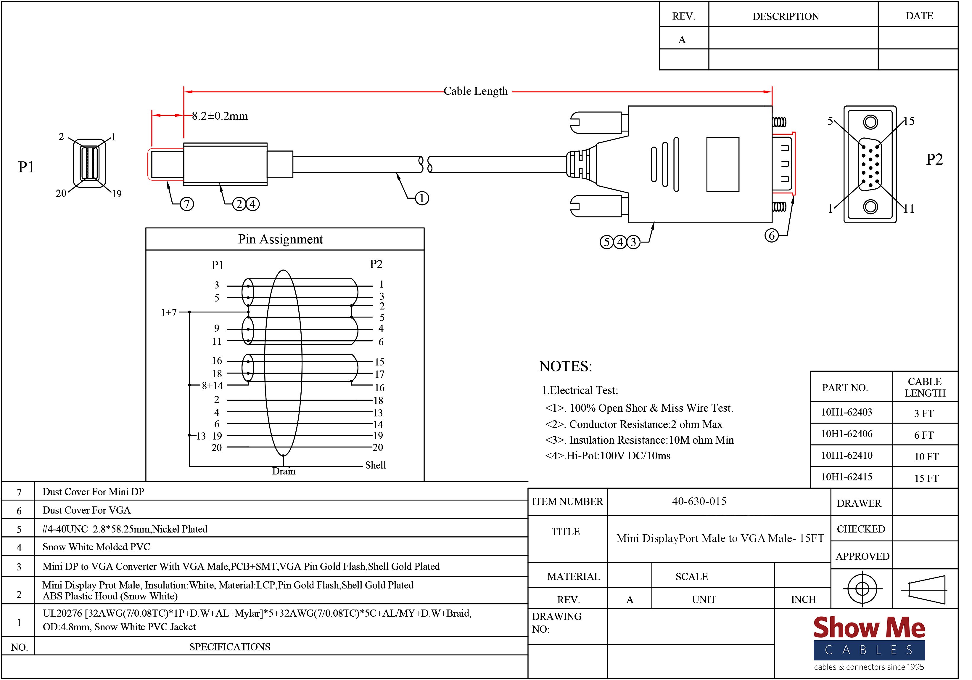 Mini DisplayPort to VGA Cable 15FT Male to Male Cable